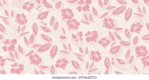 Abstract artistic shapes flowers, tiny buds, small leaves, silhouettes branches seamless pattern on a light beige background. Pastel pink floral stems printing. Vector hand drawing. Nature ornament 