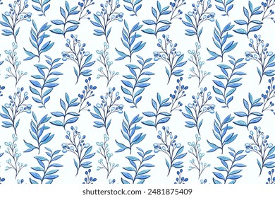 Abstract artistic shapes leaf stems, unique berries on branch. Creative blue botanical contemporary seamless print on a white background.  Vector hand drawing illustration. Designs for fabric