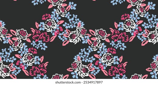 Abstract, artistic shapes rose flowers intertwined in a seamless pattern on a black background. Colorful blooming floral brush ornament. Vector hand drawn sketch. 