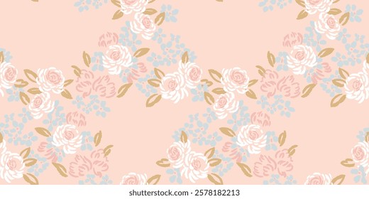 Abstract, artistic shapes rose flowers intertwined in a seamless pattern on a pastel background. Blooming brush floral print. Vector hand drawn sketch. Nature ornament