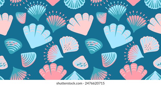 Abstractas Formas artísticas conchas de mar patrón sin fisuras sobre un fondo turquesa. Impresión marina del océano del verano creativo. Vector dibujo a mano boceto.Plantilla para diseños, cubierta de cuaderno, papel de embalaje