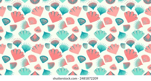 Abstract artistic shapes sea shells seamless pattern on a light background. Creative colorful summer marine printing. Vector hand drawing sketch. Template for designs, notebook cover, wrapping paper