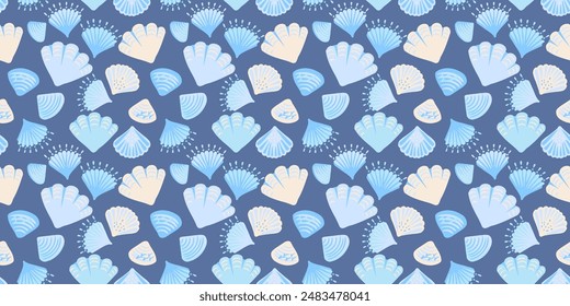 Abstract artistic shapes seashells seamless pattern. Vector hand drawing sketch. Creative marine blue pastel printing. Template for designs, notebook cover, wrapping paper, exotic wallpaper