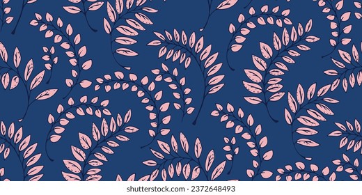 Abstract, artistic, simple, leaves branches seamless pattern with . Vector hand drawn tiny, gently leaf stems print. Template for design, fabric, fashion, wallpaper, surface design