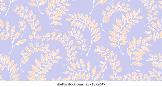 Abstract, artistic, simple, seamless  leaves branches pattern. Vector hand drawn tiny, gently leaf stems print. Template for design, fabric, fashion, wallpaper, surface design