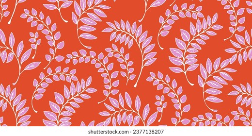 Abstract, artistic, simple, seamless pattern with leaves branches. Vector hand drawn tiny, gently leaf stems print. Template for design, fabric, fashion, wallpaper, surface design