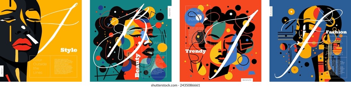 Abstract artistic square banner set. Beautiful woman color face portrait with paint spots and strokes creative flyer. Female art painting print. Fashion and beauty colorful print vector design concept