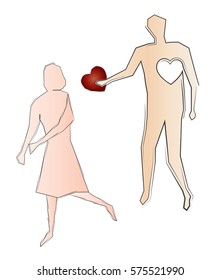 Abstract artistic symbolic drawing of a couple in love, man and woman, giving each other their heart