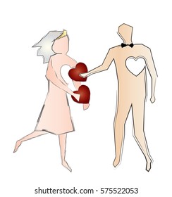 Abstract artistic symbolic drawing of a couple in love, man and woman, giving each other their heart