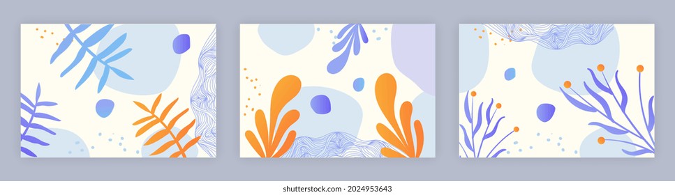 Abstract artistic template. Graphic element for websites. Set of images with marine life. Templates for printing on clothes. Undersea floral world. Flat cartoon set isolated on grey background