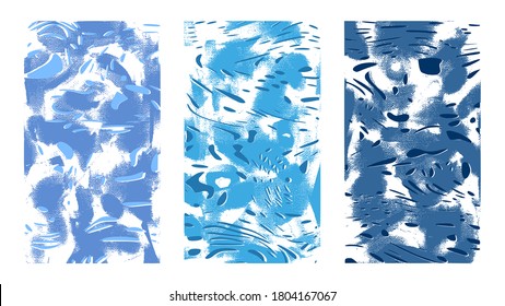 Abstract artistic textures. Hand drawn vector illustration. Blue particles, chaotic brush strokes on canvas, modern style paintings