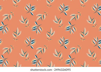 Abstractas patrón artístico de hojas diminutas. Dibujo a mano de Vector. Creativa impresión sin costuras de plantas Pequeñas únicas en una naranja vintage   antecedentes. Plantilla para textiles, papel, cubierta, tela