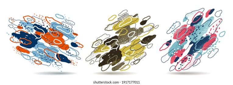 Abstract artistic vector backgrounds with hand drawn colorful elements set, positive cute and funny, art style illustrations for creative advertising or decoration collection.