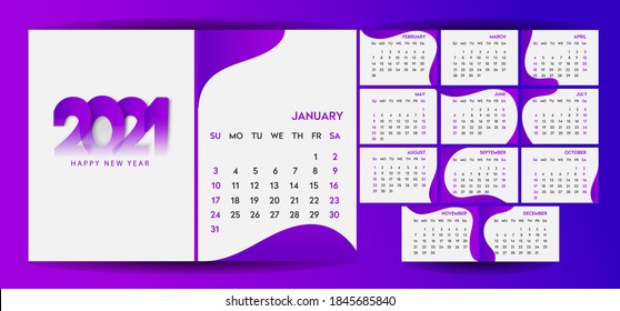 Abstract artistic vector illustrations of 2021 сalendar design. Set of 12 months. Monthly Calendar 2021. Editable calender page template.
