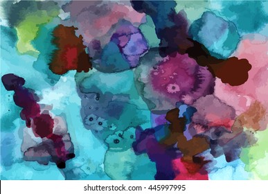 Abstract artistic watercolor background texture with blue and purple brushstrokes and stains; scalable vector graphic