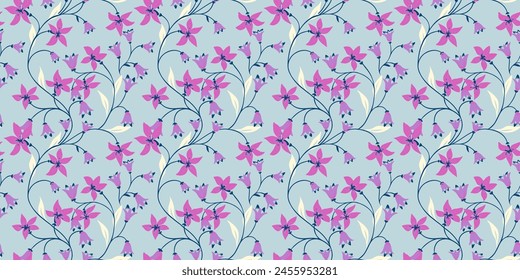 Abstract artistic wild floral stems intertwined in a seamless pattern. Creative pastel printing with branches with pink tiny flowers bells and small leaves on a blue background. Vector hand drawn. 