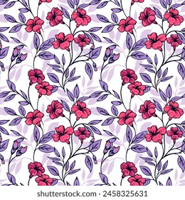 Abstract artistic wild floral stems intertwined in a seamless pattern. Colorful summer branches with ditsy flowers, leaves, buds printing. Vector hand drawn illustration. Template for designs, fabric