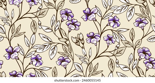 Abstract artistic wild floral stems intertwined in a seamless pattern. Vector hand drawn. Creative branches with ditsy flowers and leaves, buds. Template for design, fabric, fashion, textile