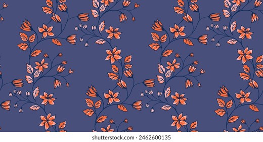 Abstract artistic wild floral stems seamless pattern on a blue background. Colorful blooming branches with tiny flowers, bells, leaves intertwined in printing. hand drawn.Template for design, fabric