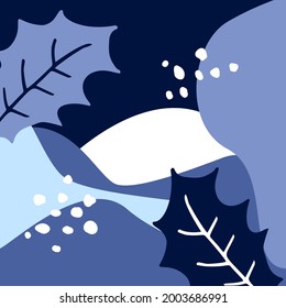 abstract artistic winter christmas cold  season background with wavy fluid shapes foliage snow, trendy modern art textures in shades of blue, vector illustration graphic