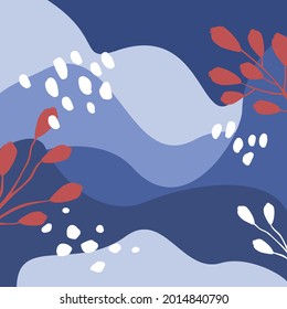 abstrakter, künstlerischer Winter-Weihnachtskulisse mit floralem Schnee, trendige moderne Kunsttexturen in Blau, Vektorgrafik