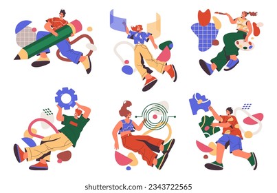 Abstract artists and content creators, flat cartoon vector illustration set. Writer or journalist, project manager controlling process, drawing and solving business and work related problems