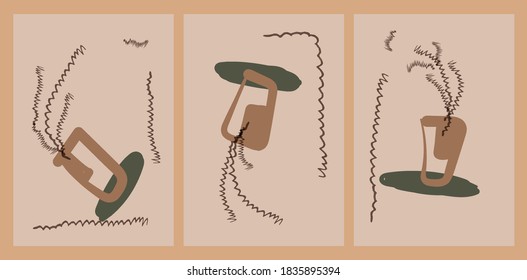 Abstract arts background with flower and tree vector. Art brush elements with vintage poster design.