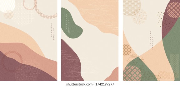 Abstract arts background with Japanese icon vector. Curve elements with geometric pattern. Art landscape wallpaper.