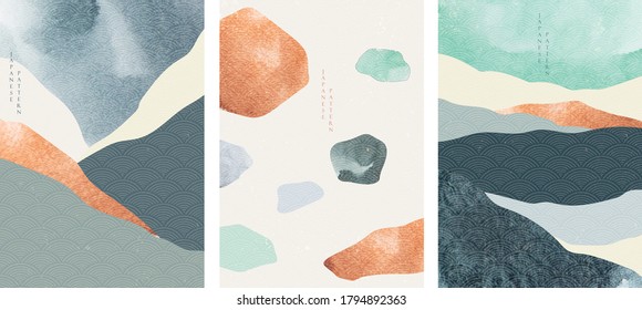 Abstract arts background with Japanese pattern vector. Art landscape with watercolor template Art brush elements with contemporary poster design