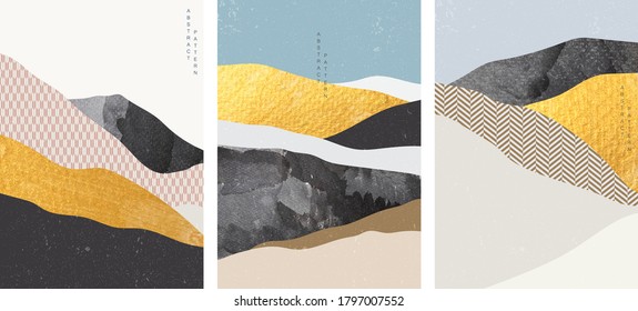 Abstract arts background with Japanese pattern vector. Art landscape with geometric template Gold brush stroke element illustration. Watercolor texture.