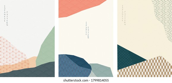 Abstract arts background with Japanese pattern vector. Art landscape with geometric template. Contemporary poster design.