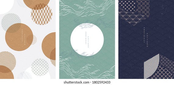 Abstract arts background with Japanese pattern vector. Art landscape with geometric template Art brush elements with contemporary poster design.