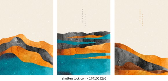 Abstract arts background with Japanese wave pattern vector. Nature landscape wallpaper with watercolor painting texture. Oriental mountain forest template.