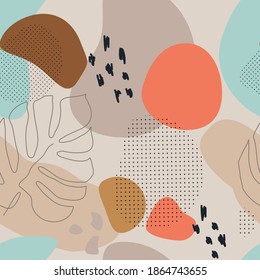 Abstract arts background in pastel colors. Colorful seamless patern with hand drawn various shapes and line art objects. Contemporary modern trendy vector illustrations.