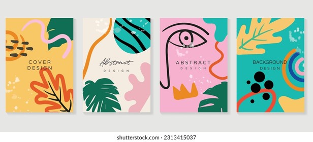 Abstrakte Kunst, Vektorhintergrund. Minimalistische Plakatvorlage mit handgezeichnet Auge, Blatt, Linienkunst, doodle Blattwerk, Aquarell. Ideal für Social Media, Poster, Cover, Banner, Flyer.