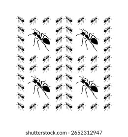Uma arte abstrata de formigas com composição simétrica, uma visão de perto, contrastando o design preto e branco
