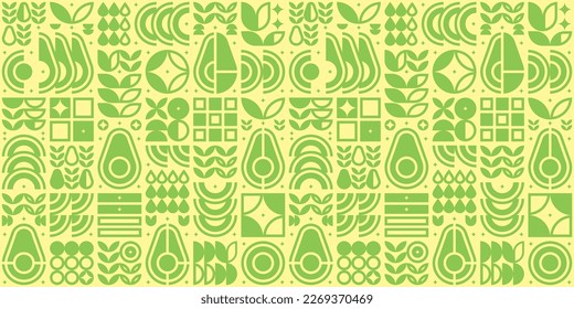 Abstract artwork of avocado pattern icon. Simple flat vector art, illustration symbol of cut avocado, seed, flower, leaf, in silhouette. Modern geometric background design, fruit and vegetable theme.