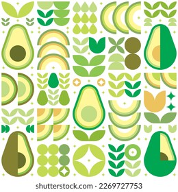 Abstract artwork of avocado pattern icon. Vector art, illustration of cut avocado symbol, seed, flower, leaf, and geometric shape. Fruits and vegetables simple flat modern design, white background.