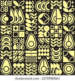 Abstract artwork of avocado pattern icon. Simple vector art, illustration symbol of cut avocado, seed, flower, leaf, and geometric shape in silhouette. Fruits and vegetables themed flat modern design.