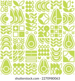 Resumen de arte del icono del patrón de aguacate. Arte simple vectorial plano, símbolo de ilustración de aguacate cortado, semilla, flor, hoja, en silueta. Diseño de fondo geométrico moderno, tema de frutas y verduras.