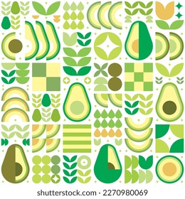 Abstract artwork of avocado pattern icon. Vector art, illustration of cut avocado symbol, seed, flower, leaf, and geometric shape. Fruits and vegetables simple flat modern design, white background.