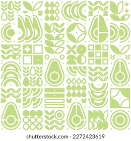 Abstract artwork of avocado pattern icon. Simple flat vector art, illustration symbol of cut avocado, seed, flower, leaf, in silhouette. Modern geometric background design, fruit and vegetable theme.