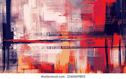 Abstract artwork blending crimson red, soft pink, and deep navy hues, vector background with textured brushstrokes creating a visually striking modern painting full of vibrant energy and depth