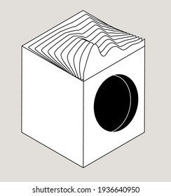 Abstract artwork with a bold surrealist geometric composition of shapes and forms. Black and white cube with a grid pattern. Minimal contemporary art for wall poster.