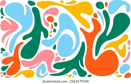 An abstract artwork with colorful, organic shapes. The irregular shapes overlap and intertwine, creating a vibrant and dynamic composition.