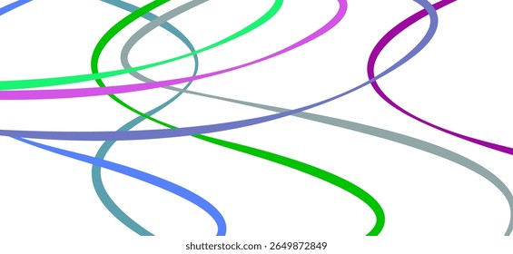 Um trabalho artístico abstrato composto de muitas linhas em vários tons, como verde, azul, roxo, cinza e preto. Estas linhas são curvas e movem-se livre e dinamicamente.
