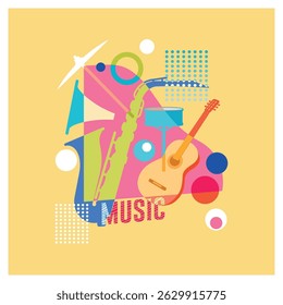 Abstract artwork containing illustrations of musical instruments and geometric shapes in bright colors, creating a dynamic and energetic composition on a yellow background. Music and art concept.