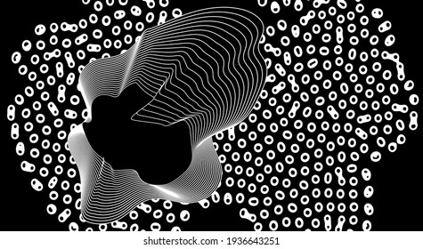 Obra de arte abstracta con formas deformadas y formas en colores blanco y negro.