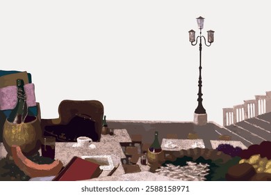 Abstract artwork depicting a table with bottles, fruit, and a lamp post. The scene includes various objects like bottles and fruit, with a lamp post in the background. Vintage art illustration, vector