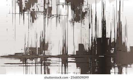 Abstract artwork features a monochrome palette with bold vertical lines and geometric shapes, evoking an urban skyline. Ink on paper surface, industrial elegance and modern design